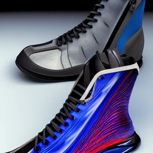 Image similar to photo of futuristic balenciaga and vetements sneakers by felipe pantone and giger and cronenberg, ultra rendered extreme realism and detail, 8 k, highly detailed, realistic, pbr, surreal, hyper realistic, colorful, direct lighting, photorealistic,