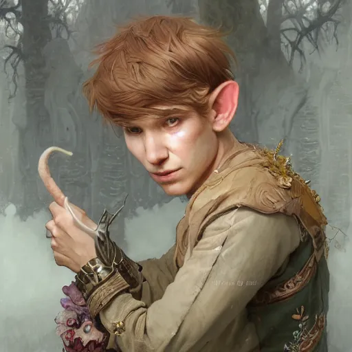 Image similar to elf fairy blonde male with a beautiful face, with a loot on their back, wearing a cardigan, highly detailed, intricate, digital painting, artstation, sharp focus, illustration, art by jakub rozalski, greg rutkowski, artgerm, tan zi and ayanamikodon and alphonse mucha and wlop