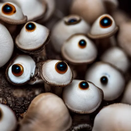 Image similar to clustered eyeballs protruding from a mushroom cap