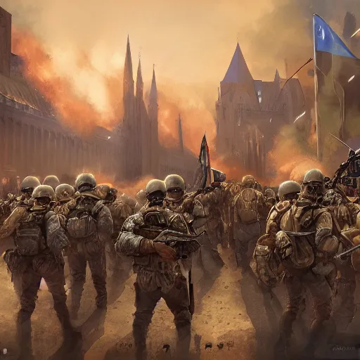 Image similar to army of the european union invades budapest 2 0 2 2, highly detailed painting, digital painting, artstation, concept art