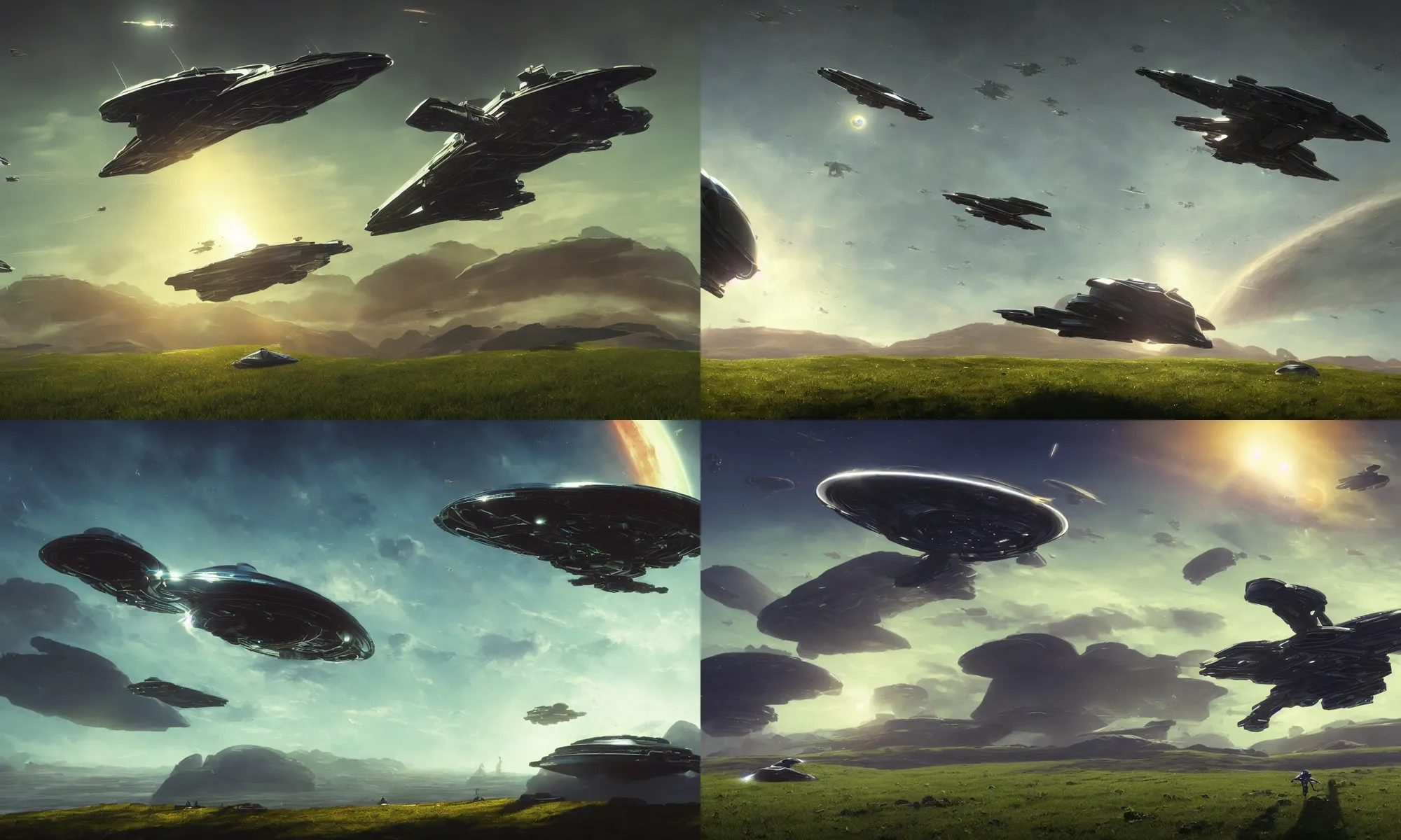 Prompt: a single Elite Dangerous style Spaceship carrier hovering over a green grassy field on an alien planet at daylight, blue sky, cinematic perspective, by John Harris, Federico Pelat, Ivan Aivazovsky, Matte Painting, 4k,