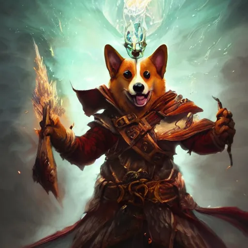 Prompt: Corgi, Anthropomorphized, casting epic spell, magic the gathering artwork, D&D, fantasy, cinematic lighting, centered, symmetrical, highly detailed, digital painting, artstation, concept art, smooth, sharp focus, illustration, volumetric lighting, epic Composition, 8k, art by Akihiko Yoshida and Greg Rutkowski and Craig Mullins, heroic pose, oil painting, cgsociety, magic lab background