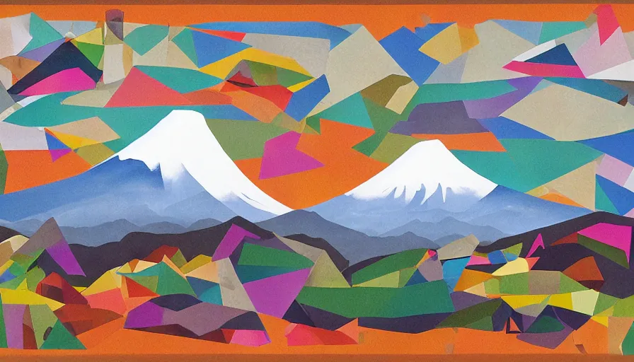 Image similar to award winning graphic design poster, cutouts constructing an contemporary art depicting a lone mount fuji in the distance behind a mountain range isolated on white, rural splendor, and bountiful crafts, local foods, edgy and eccentric abstract cubist realism, composition confined and isolated on white, mixed media painting by Leslie David and Lisa Frank for juxtapose magazine