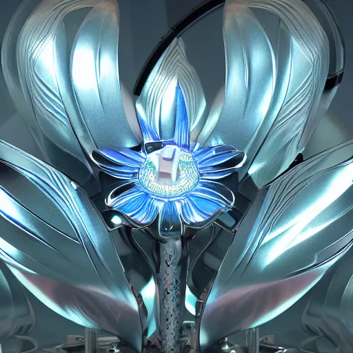 Image similar to a retrofuturistic, cybertronic, metallic, reflective orchid flower, unreal engine, high detail