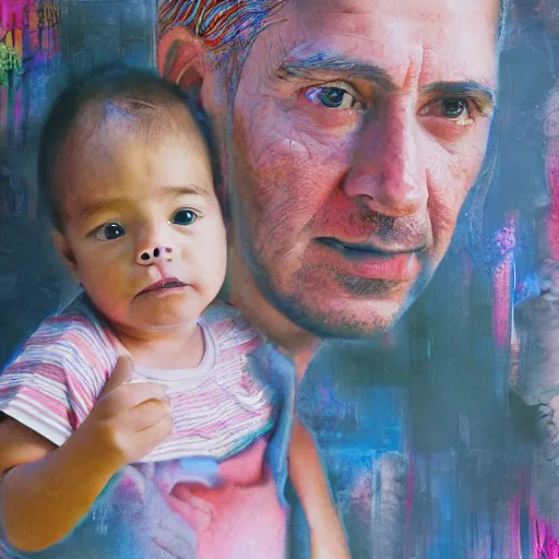 Prompt: hyperrealistic maximalist mixed media collage of a father with child. pastel tones