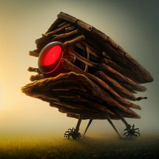 Image similar to a walking wood house with two mechanical legs and two glowing eyes and a mouth, rust, hyperrealistic, pareidolia, highly detailed, cinematic, single ray of sun, fog, beautiful, cgssociety, artstation, 8 k, oil painting