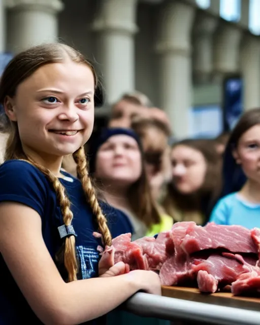 Image similar to film still close - up shot of greta thunberg giving a speech in a train station eating raw meat smiling its. photographic, photography