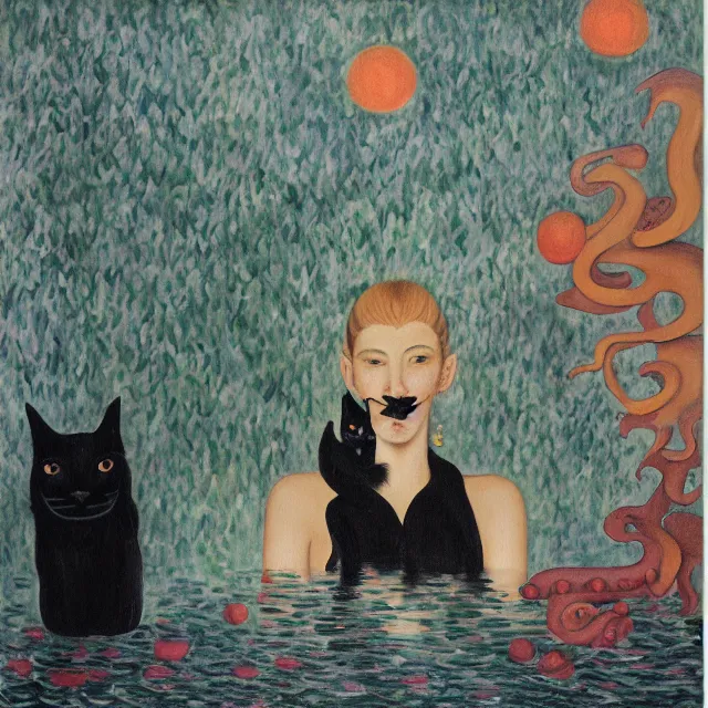 Image similar to tall female catgirl artist holding a black cat in her flooded apartment, pomegranates, octopus, water gushing from ceiling, painting of flood waters inside an artist's apartment, a river flooding indoors, mushrooms, ikebana, zen, rapids, waterfall, black swans, canoe, berries, acrylic on canvas, surrealist, by magritte and monet