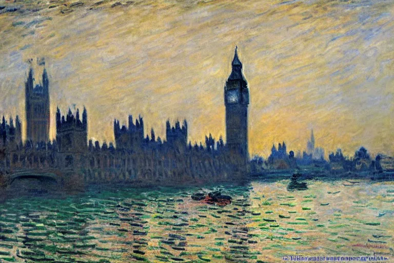 Image similar to Palace of Westminster, illustrated by Claude Monet, very detailed