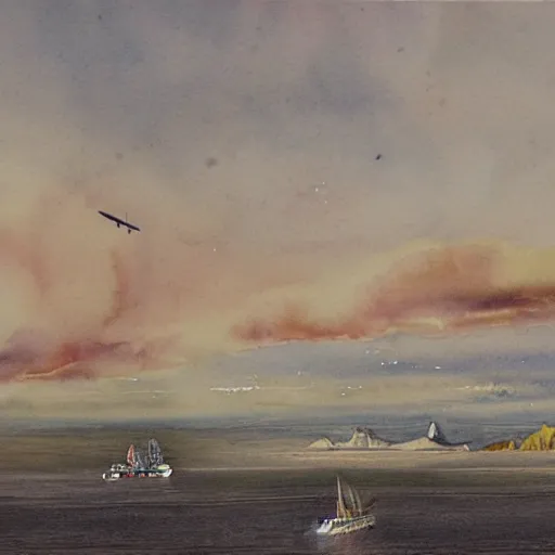 Prompt: watercolor painting of White Cliffs of Dover with a steampunk airship flying overhead