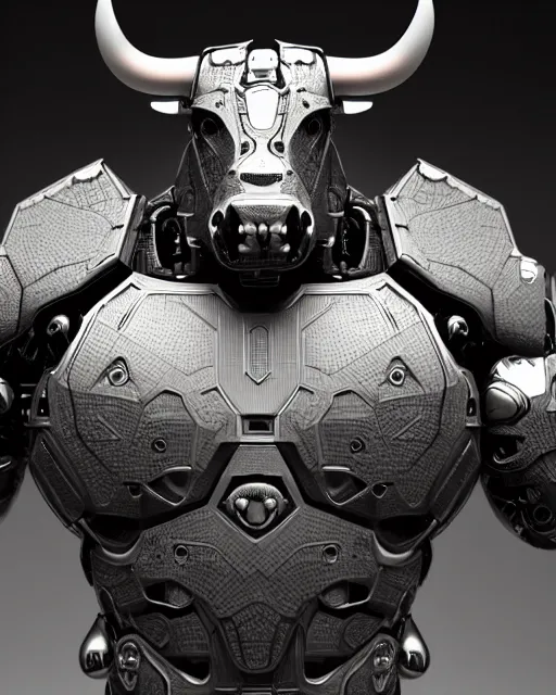 Prompt: a full body shot of a imposing cyborg ( bull ) modeled after a bull with open eyes looking into the camera, black skin, intricate pattern, hard rubber chest, highly detailed, android, cyborg, full body shot, intricate, 3 d, symmetrical, octane render, fantasy, highly detailed, digital art, artstation, strong bokeh