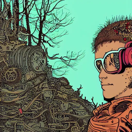 Image similar to in the style of Geof Darrow and deathburger and laurie greasley a close up of a young explorer wearing a cyberpunk headpiece sitting within an ancient and dense mechanical forest, highly detailed, 8k wallpaper