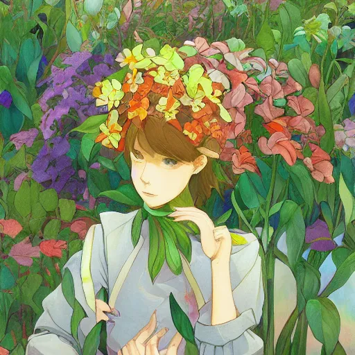 Prompt: synthetic elements of gouache painting of flowers and flower borders source material, style of studio ghibli, makoto shinkai, raphael lacoste, louis comfort tiffany, artgerm, james jean, ross tran