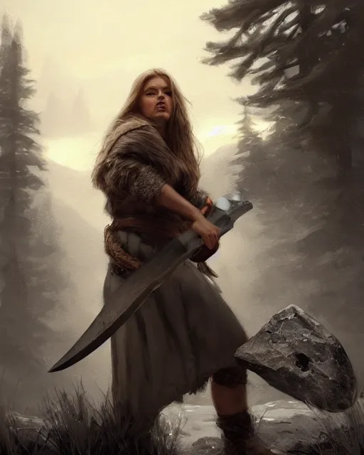 Image similar to cinematic shot epic portrait an female viking holding an stone axe, winter backround, cloudy, dust, shiny skin, beautiful, fine details. night setting. realistic shaded lighting poster by craig mullism, artgerm, jeremy lipkin and michael garmash, unreal engine, radiant light, detailed and intricate environment, digital art, trending on art station,