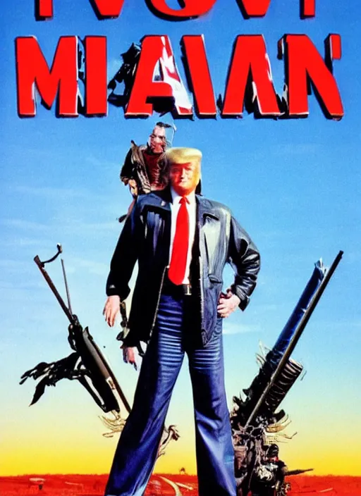 Prompt: an 8 0's john alvin action movie poster starring donald trump mad max. sunglasses.