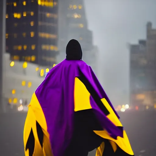 Image similar to a blur of purple, yellow, and black. figure in a cape, and cowl - flew in a split second under the rainy yet gloomy skies of gotham city