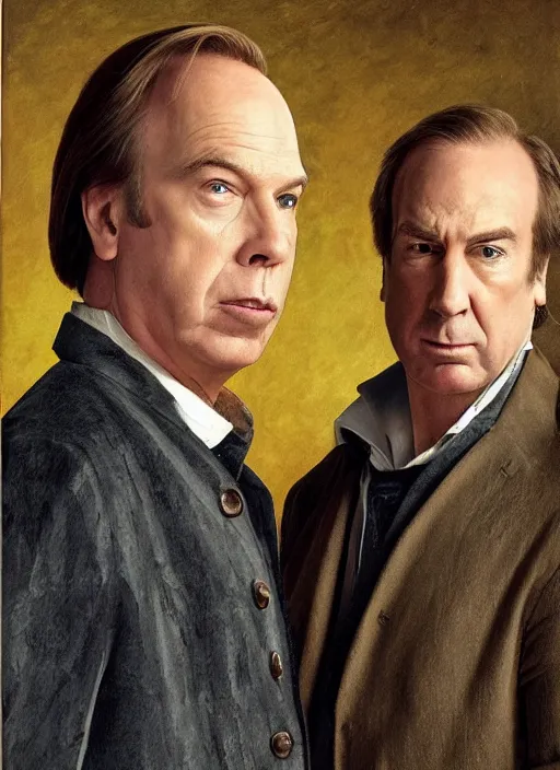 Image similar to chuck mcgill and saul goodman, baroque portrait, realistic, serious