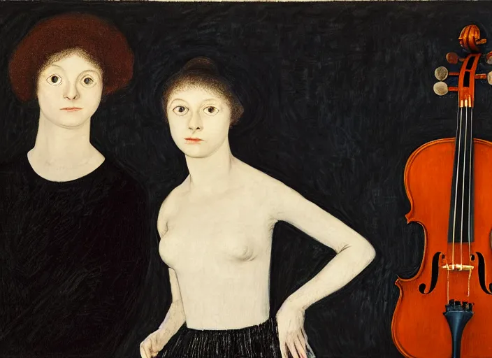 Image similar to portrait of two young nervous violin players getting ready to perform, half figure front, vincent lefevre and pat steir and hilma af klint, psychological, photorealistic, symmetrical faces, intriguing eyes, rendered in octane, altermodern, masterpiece