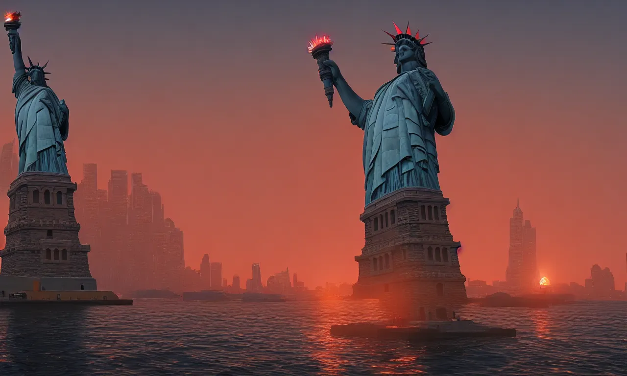 Prompt: statue of liberty with a cycloptic robot head looking over the harbor, by asher brown durand, trending on artstation, 8 k resolution, red lights, cyberpunk, demonic symbols