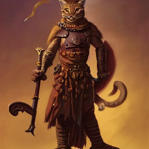 Prompt: ( ( ( full length portrait of tabby tabaxi warrior, halberd poleaxe ) ) ), d & d, tyler jacobson, greg rutkowski, frank frazetta, alexandre chaudret, boris vallejo, michael whelan, miro petrov, magali villeneuve, donato giancola