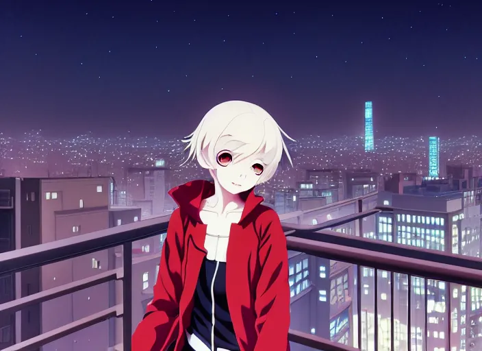 Prompt: anime visual young white - hair red - eyed girl sightseeing above the city at night from apartment balcony interior, guardrail, cute face ilya kuvshinov, makoto shinkai, kyoani, masakazu katsura, dynamic pose, crisp and sharp, yoshinari yoh, rounded eyes, anime poster