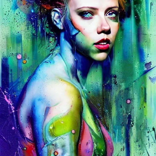 Prompt: drunken scarlett johansson as delirium from sandman, ( hallucinating colorful soap bubbles ), by jeremy mann, by sandra chevrier, by dave mckean and richard avedon and maciej kuciara, punk rock, tank girl, high detailed, one green eye and one blue eye, 8 k