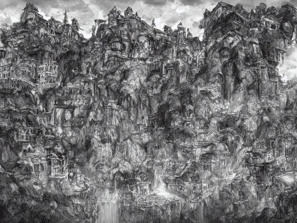 Image similar to concept art of looming crooked ancient town, artstation, ink, line art, black white, rolling hills, waterfall, river, overwhelming, extremely detailed, dominating palace with white walls on top of the hill center