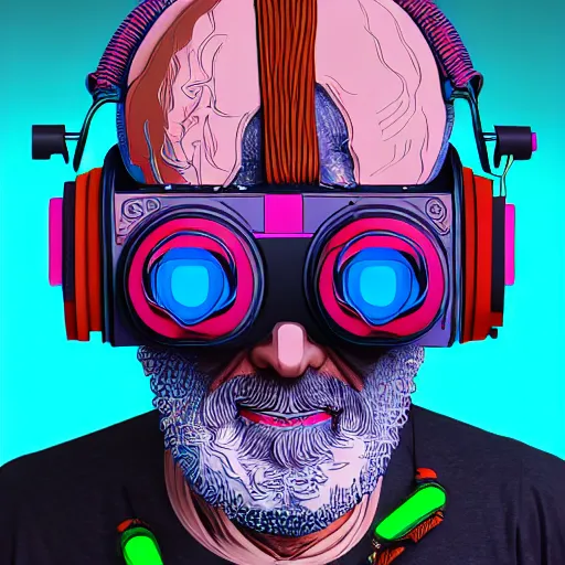 Image similar to Colour Photography of 1000 years old man with highly detailed 1000 years old face wearing higly detailed cyberpunk VR Headset designed by Josan Gonzalez . in style of Josan Gonzalez. Rendered in Blender