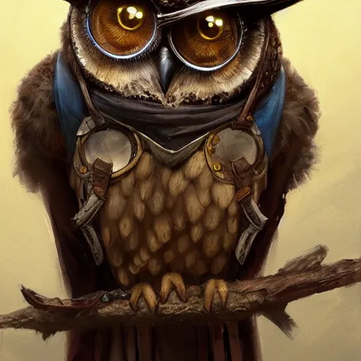 Prompt: a detailed portrait of an owl with old glasses dressed with a leather armor, by justin gerard and greg rutkowski, digital art, realistic painting, dnd, character design, trending on artstation