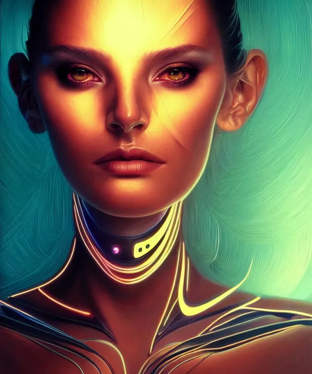 Image similar to Supermodel woman turning into an Android portrait, dark surrealism , scifi, intricate, elegant, sharp eyebrows, dark hair, highly detailed cybernetic body, neon glowing eyes, digital painting, artstation, concept art, smooth, sharp focus, illustration, art by artgerm and moebius and alphonse mucha