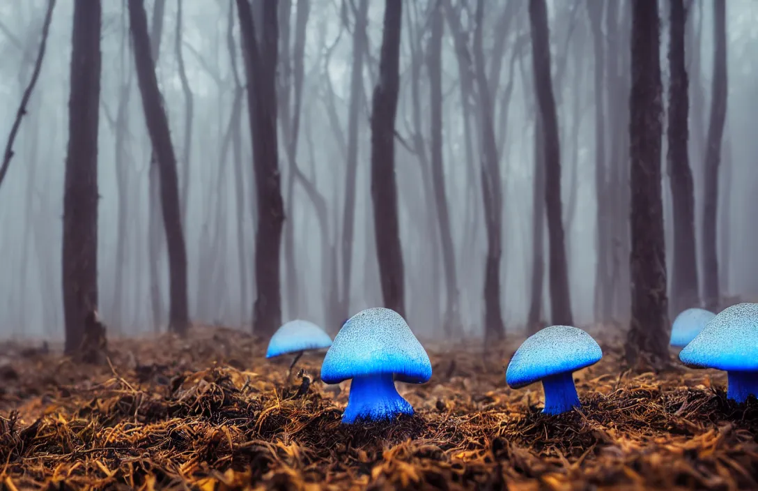 Prompt: blue forest, glowing mushrooms, sigma lens, strong bokeh, photography, highly detailed, 8 5 mm, f / 1. 3, fog, dusk