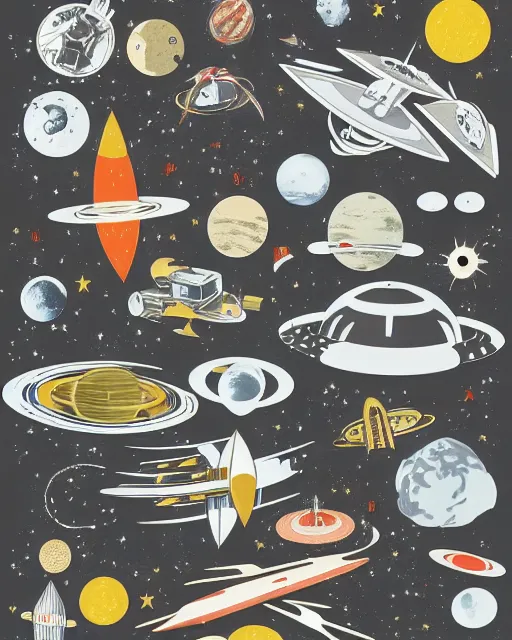 Image similar to A collage of Space Travel, mid-century modern, made of random shapes cut from magazines