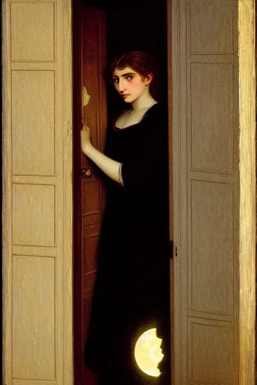 Prompt: girl leaning in doorway under moonlight by auguste toulmouche and bouguereau, dark lighting, perfectly detailed eyes, beautiful hands, pale skin, blonde hair, dreamy mood