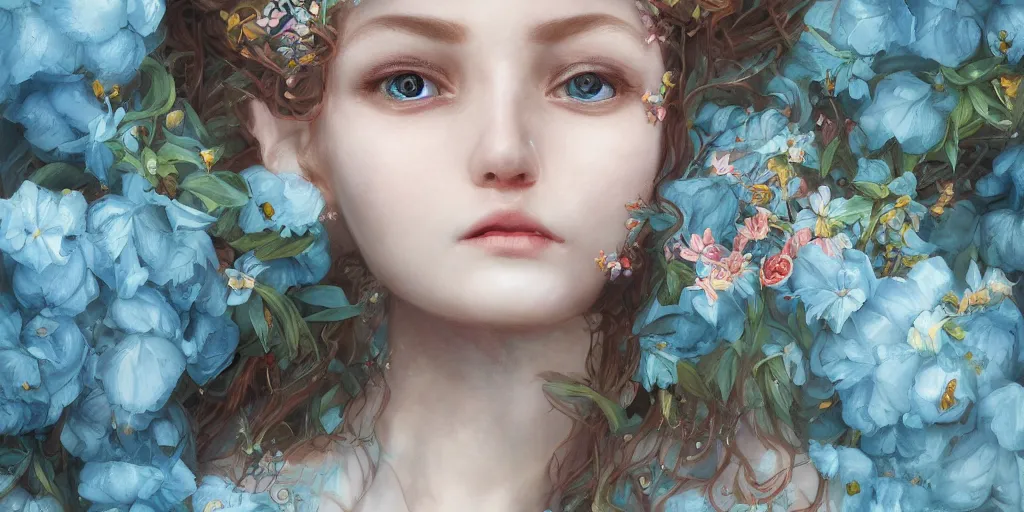 Prompt: breathtaking detailed concept art painting portrait of the hugs goddess of light blue flowers, carroty hair, orthodox saint, with anxious piercing eyes, ornate background, amalgamation of leaves and flowers, by hsiao - ron cheng, extremely moody lighting, 8 k