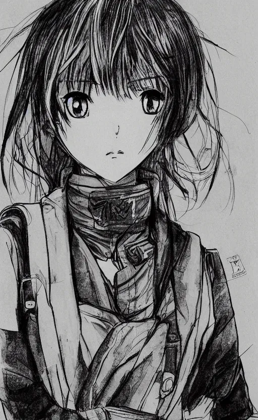 Image similar to manga style, black and white, intricate line art, portrait of a girl, shoulder eyes, trench and sandbags in background, soldier clothing, short hair, hair down, symmetrical facial features, round face, draw on paper, detailed drawing, by ito junji