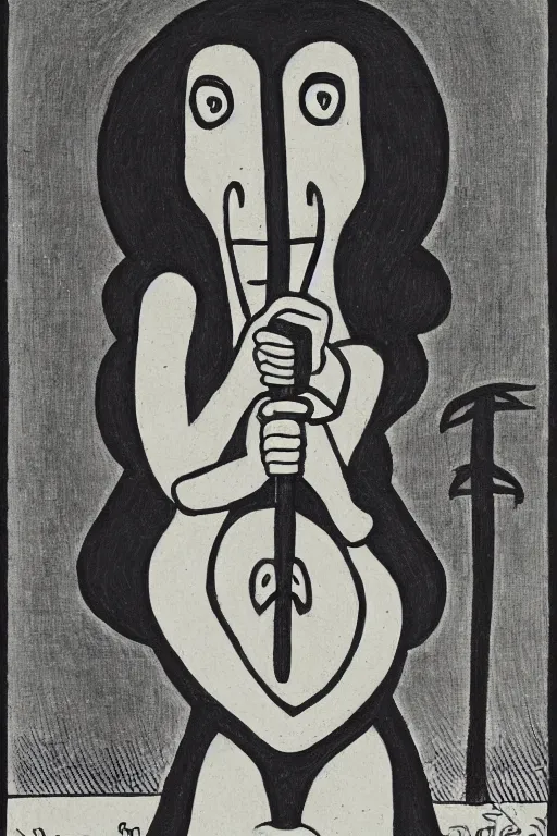 Image similar to abaporu from tarsila do amaral, drawn as a giant, guts from berserk staring at her while holds his sword, manga art style, berserk art style