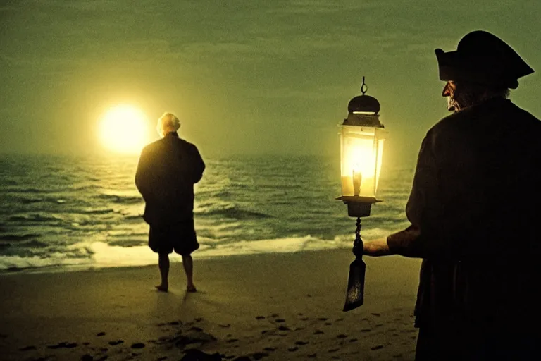 Image similar to film still of closeup old man holding up lantern by his beach hut at night. pirate ship in the ocean by emmanuel lubezki