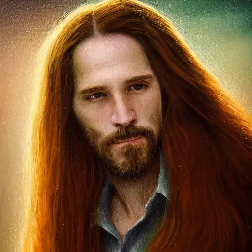 Image similar to pure and kind aristocratic long straight red haired man wearing a green cloak playing a guitar portrait, innocent, pure, naive, atmospheric lighting, painted, intricate, volumetric lighting, beautiful, rich deep colours masterpiece, golden hour, sharp focus, ultra detailed, by leesha hannigan, ross tran, thierry doizon, kai carpenter, ignacio fernandez rios