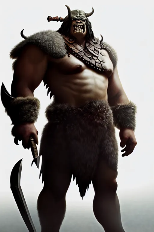 Image similar to orc barbarian wearing leather armor, full body shot, exquisite details, earth magic, mid view, design on a white background, by studio muti, greg rutkowski, makoto shinkai, takashi takeuchi, studio ghibli