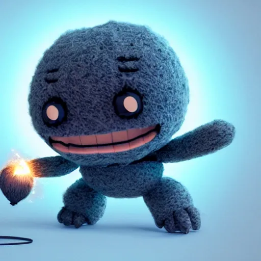 Image similar to cute fluffy sackboy cuddling a woolen earth, magical sparks flying around it in circles, 3d rendered, Ultra HD