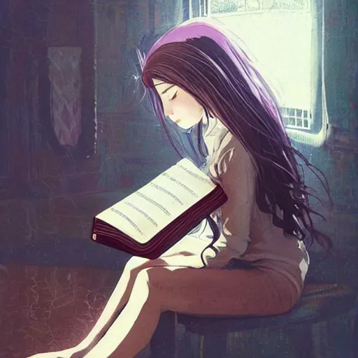 Image similar to a girl reading a book!!!, hair flowing down, symmetric, anatomically correct!, by hayao miyazaki, greg rutkowski