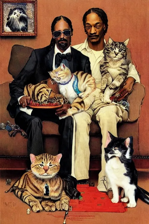 Image similar to snoop dogg and his cats painted by Norman Rockwell