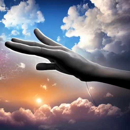 Image similar to giant hand in the sky about to crash a house, hyper realistic, hd,