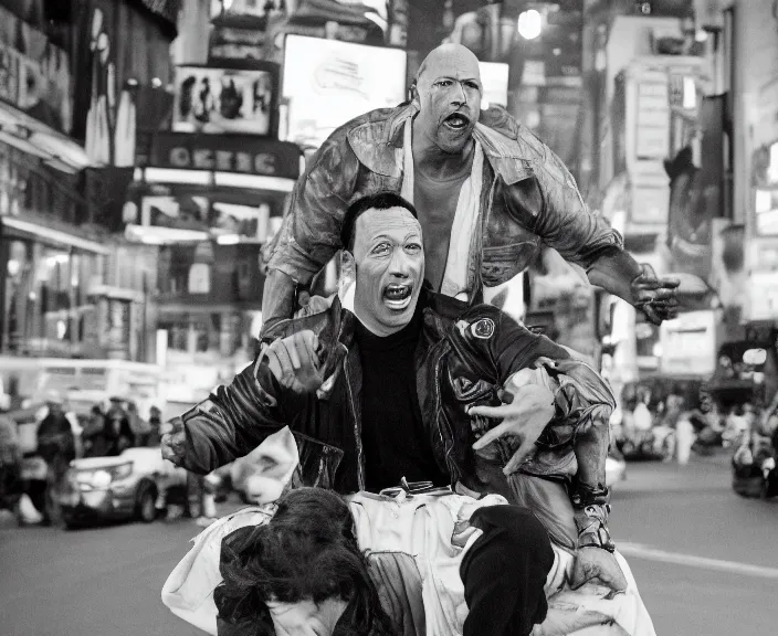 Image similar to Dwayne the Rock Johnson riding on the back of Adam Sandler, doing Methamphetamine at Times Square, photograph by Alfred Eisenstaedt, 4K, dramatic lighting; 4K 8K