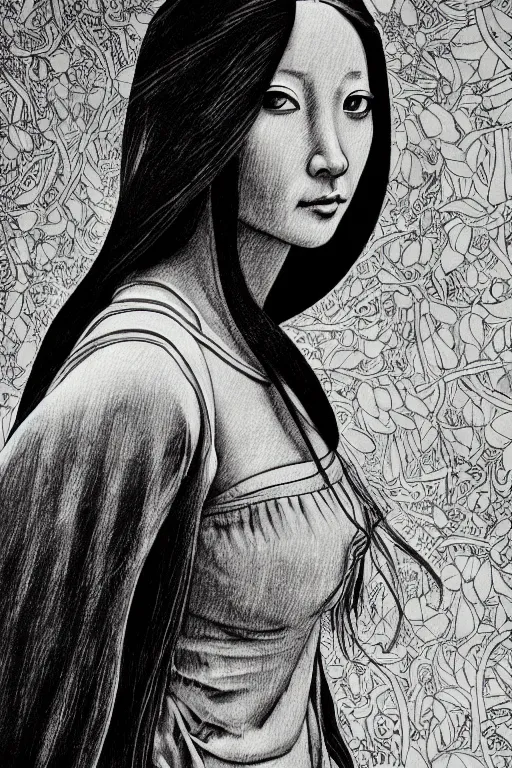 Image similar to beautiful portrait of a woman, negative no not mona lisa pose, highly detailed ink illustration of a dark alley of taipei, b & w clean shaped illustration by kim jung gi, ric estrada, ron english and eiichiro oda