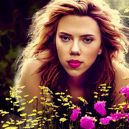 Image similar to Scarlett Johansson portrait with face made of wild flowers