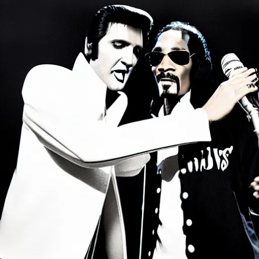 Prompt: elvis presley and snoop dog singing a duet behind a microphone stand, in las vegas, detailed, beautiful, photo, f 1. 8, album cover, photorealistic