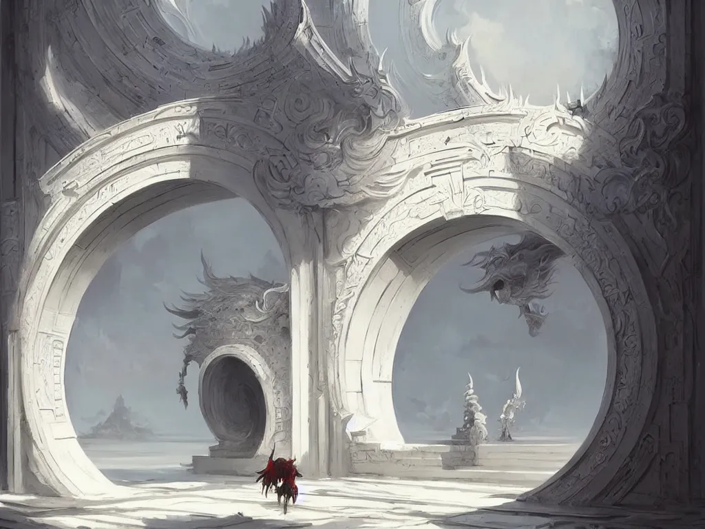 Image similar to circular gate in a white wall, leading to heaven. chinese architecture. fantasy. detailed. smooth. sharp focus. trending on artstation. artist greg rutkowski.