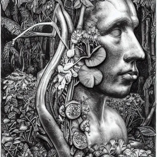 Prompt: botanical sketch of The thinker sculpture with a mechanical/cybernetic head, mushrooms and peyote/san pedro at the base, surrounded by a lush jungle and morning glory flowers, high detail, b&w,