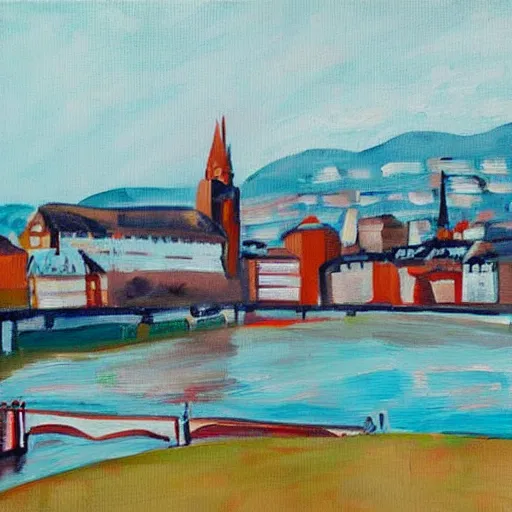 Prompt: abstract painting of the rhine board in basel, the munster in the background